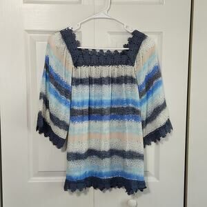 Zac & Rachel Multi-Colored 1/2 Sleeve Lace Trimmed Top Blouse PS Beachy Crochet